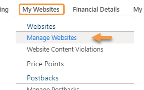 Merchant Portal Navigation Menu: My Websites > Manage Websites