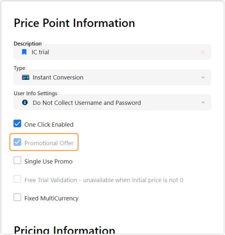 "Promotional Offer" is automatically selected for your price points that meet Visa's criteria for a free trial.