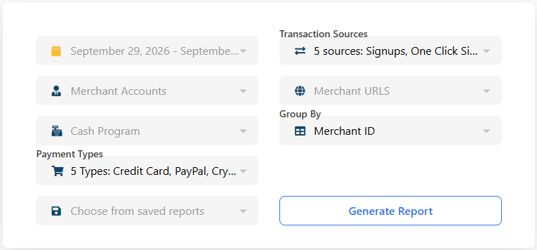 Payment Type Approval Rates filter panel with default selections.