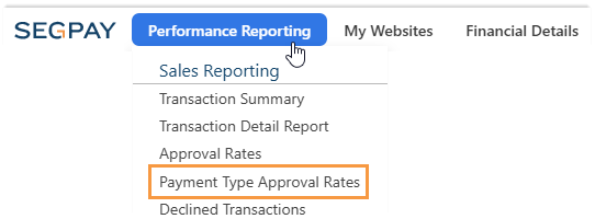 Performance Reporting menu with Payment Type Approval Rates highlighted